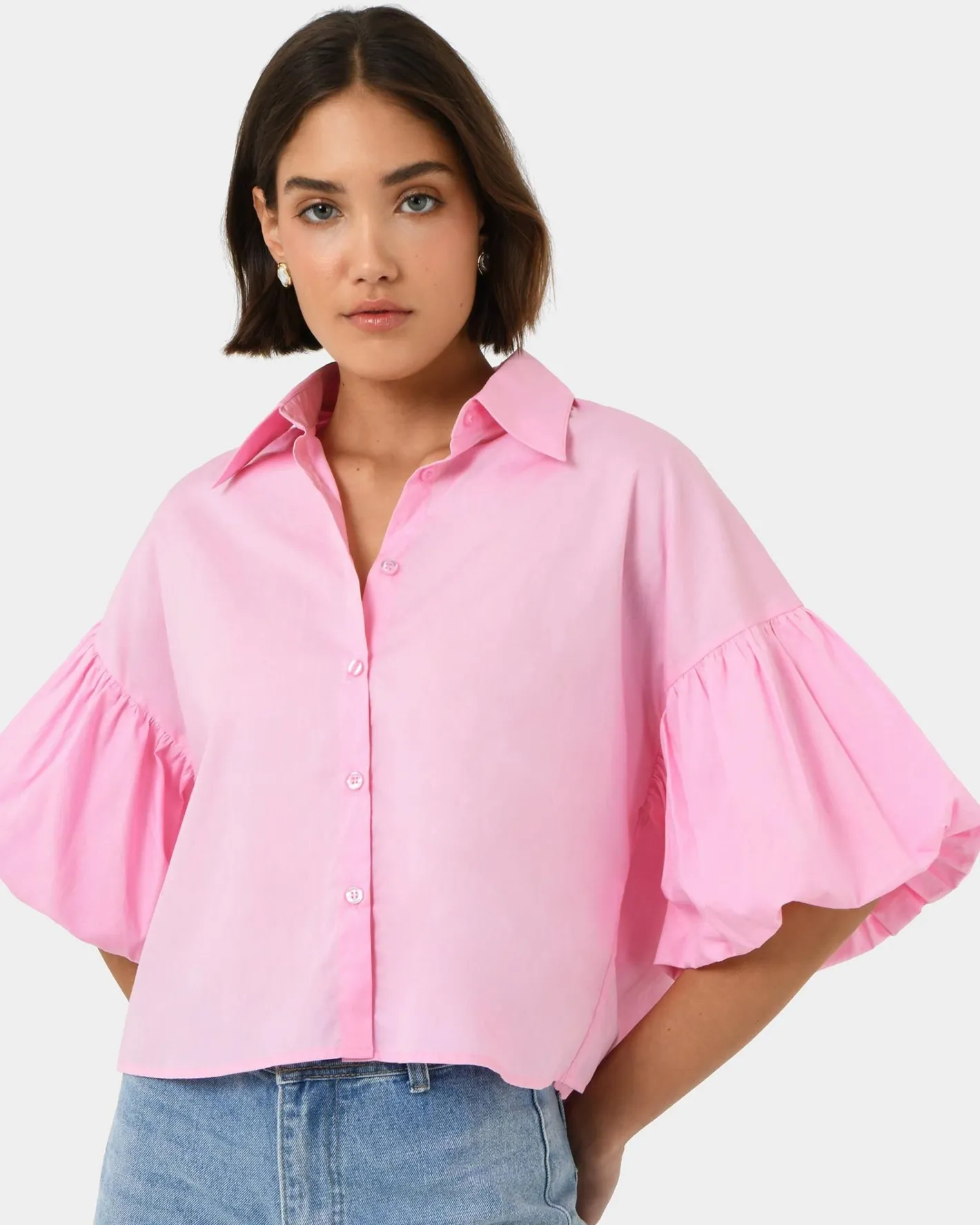 Forcast Cali Puff Sleeve Crop Shirt Pink Online