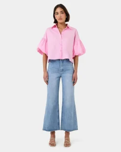Forcast Cali Puff Sleeve Crop Shirt Pink Online