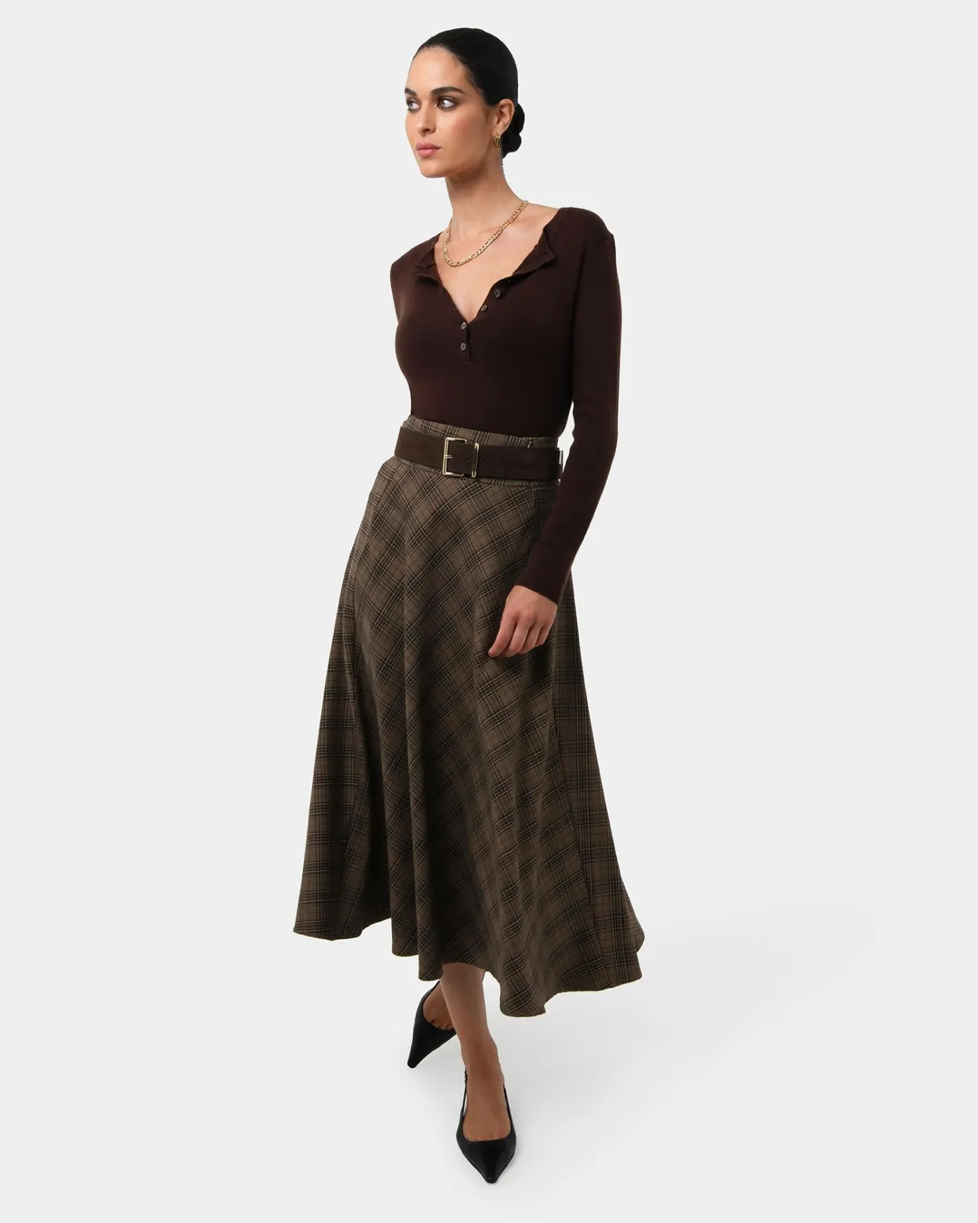 Forcast Candice Bias Check Skirt Brown Checks Discount