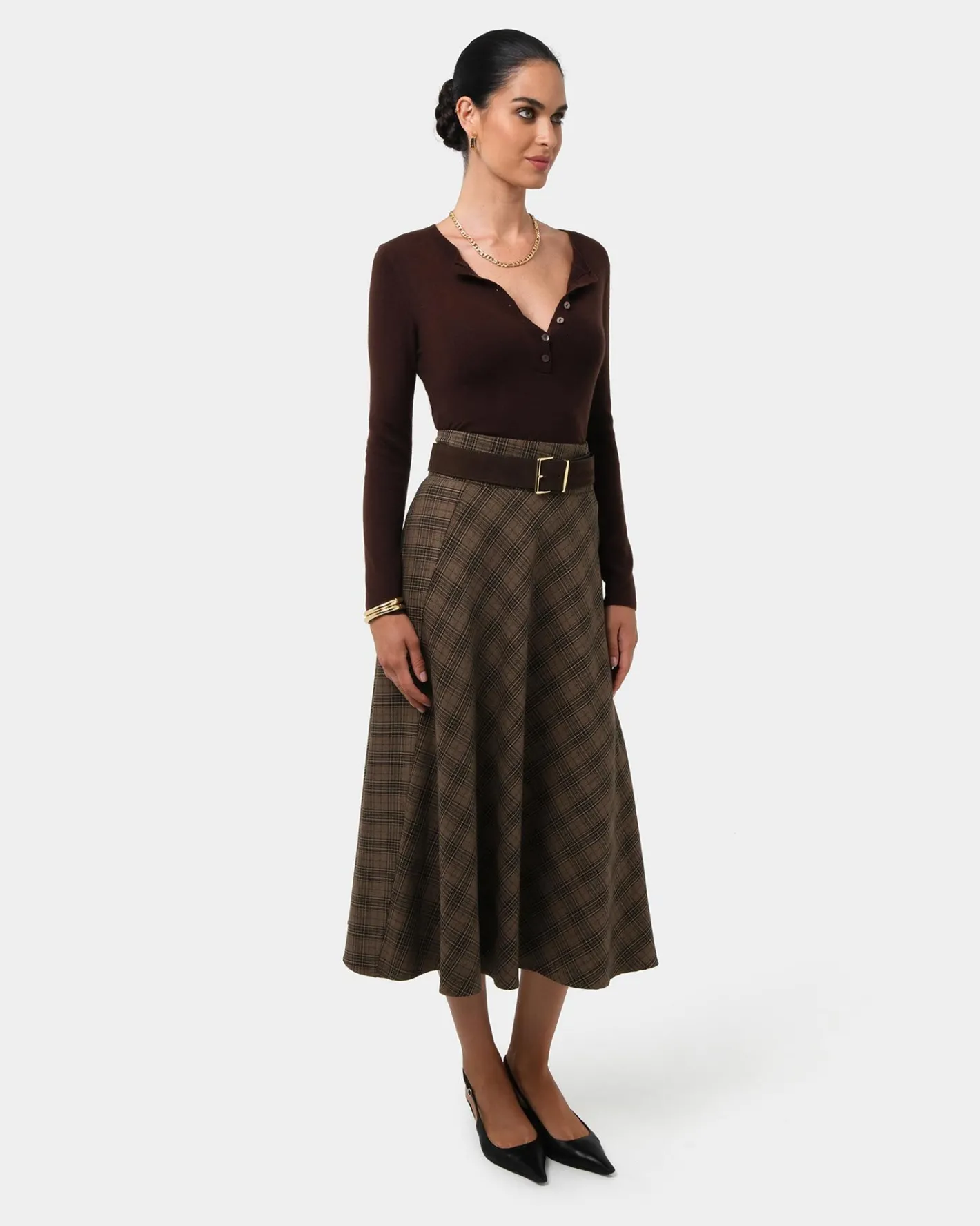 Forcast Candice Bias Check Skirt Brown Checks Discount