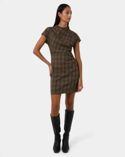 Forcast Candice Ruched Mini Dress Brown Checks Outlet