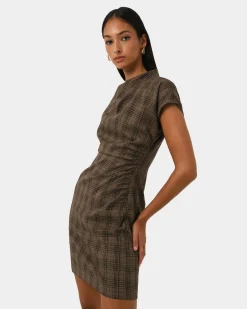 Forcast Candice Ruched Mini Dress Brown Checks Outlet