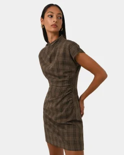 Forcast Candice Ruched Mini Dress Brown Checks Outlet