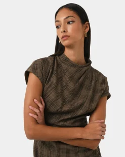 Forcast Candice Ruched Mini Dress Brown Checks Outlet
