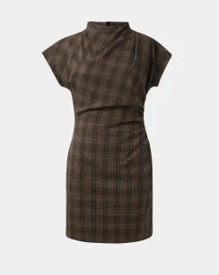 Forcast Candice Ruched Mini Dress Brown Checks Outlet