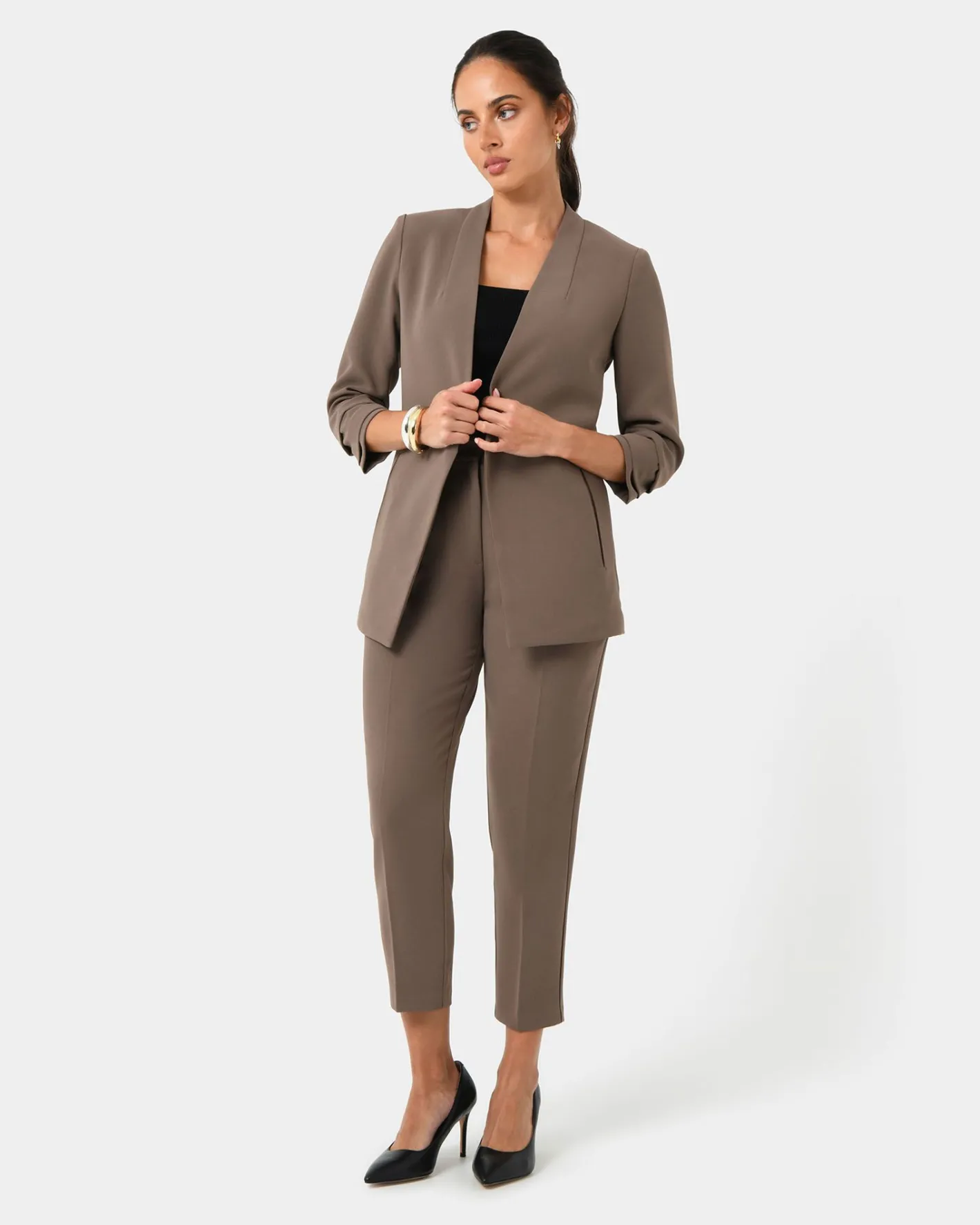 Forcast Carter 2 Collarless Blazer Sepia