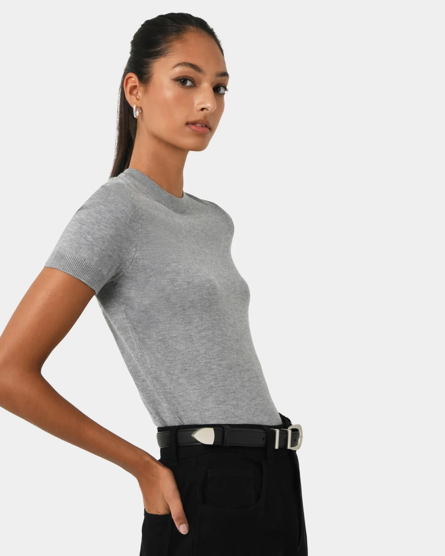 Forcast Catherine Short Sleeve Knit Light Grey Discount