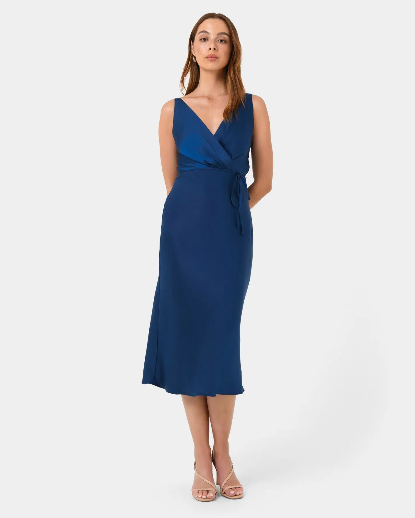 Forcast Cherish Tie-waist Midi Dress Navy