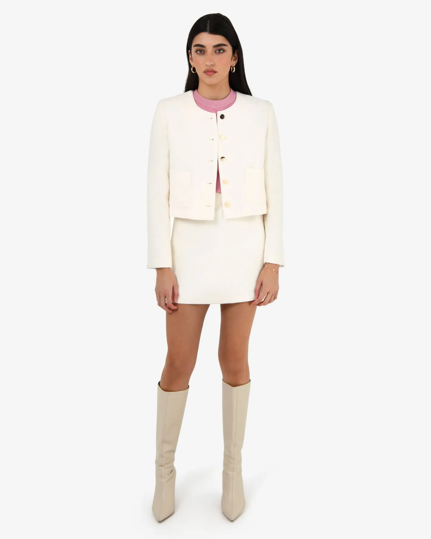Forcast Cynthia Crop Tweed Jacket Ivory Clearance