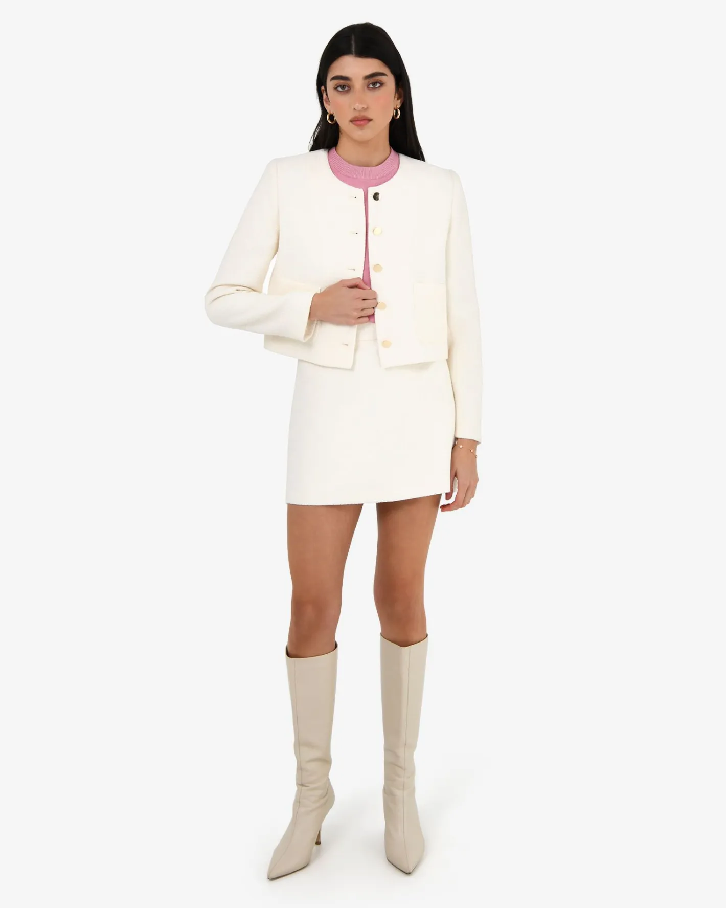 Forcast Cynthia Crop Tweed Jacket Ivory Clearance