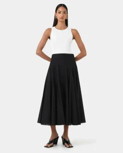 Forcast Deb Cotton Midi Full Skirt Black