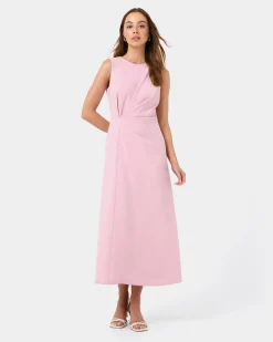 Forcast Demi Ruched Midi Dress Pastel Pink