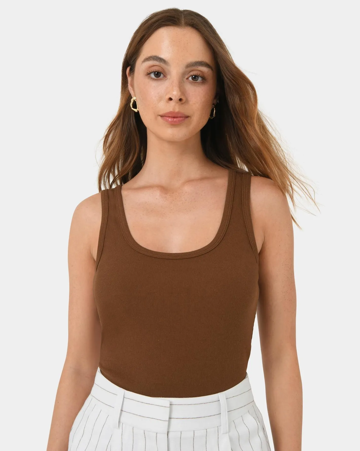 Forcast Devin Ribbed Singlet Top Brown