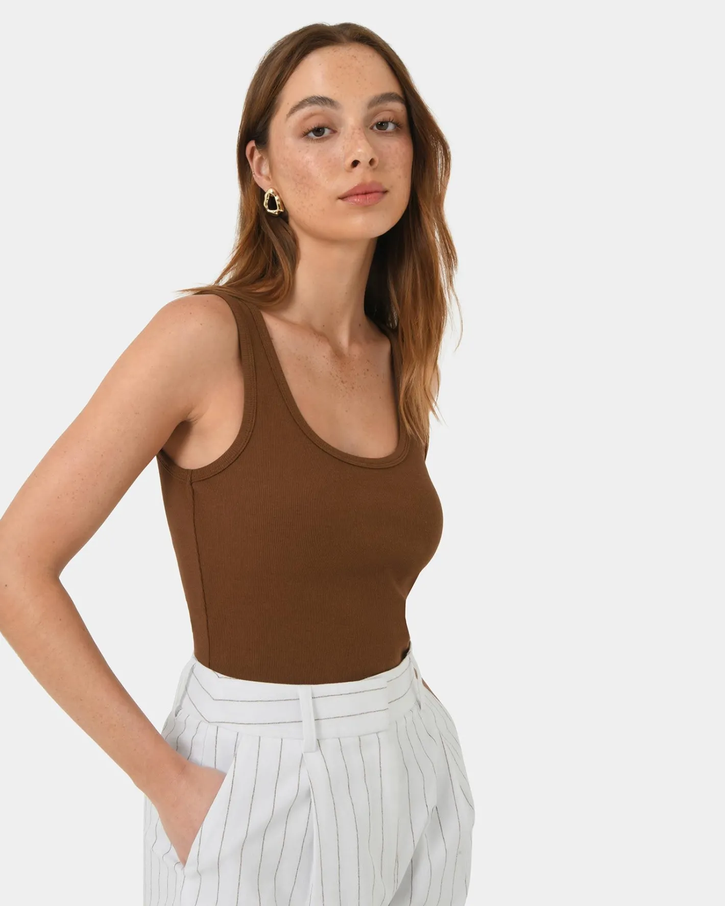 Forcast Devin Ribbed Singlet Top Brown