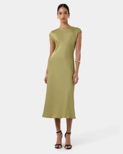 Forcast Dulce Satin Midi Dress Olive