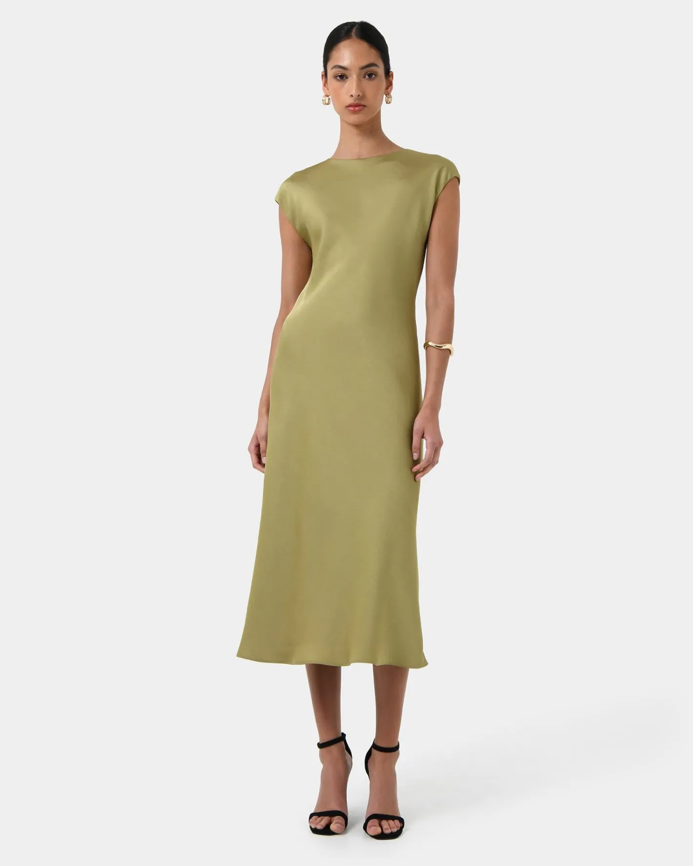 Forcast Dulce Satin Midi Dress Olive