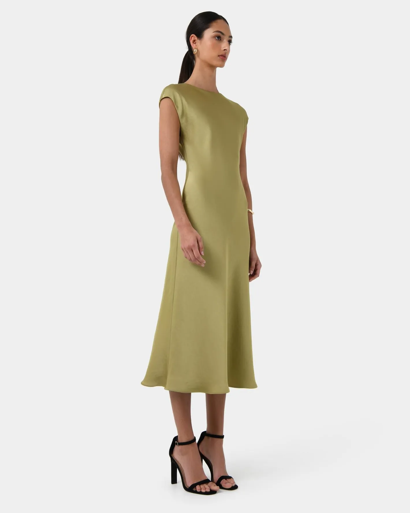 Forcast Dulce Satin Midi Dress Olive
