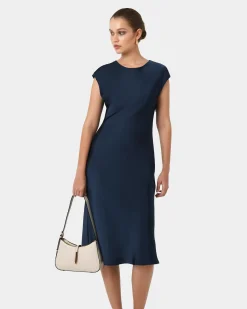 Forcast Dulce Satin Midi Dress Navy Outlet