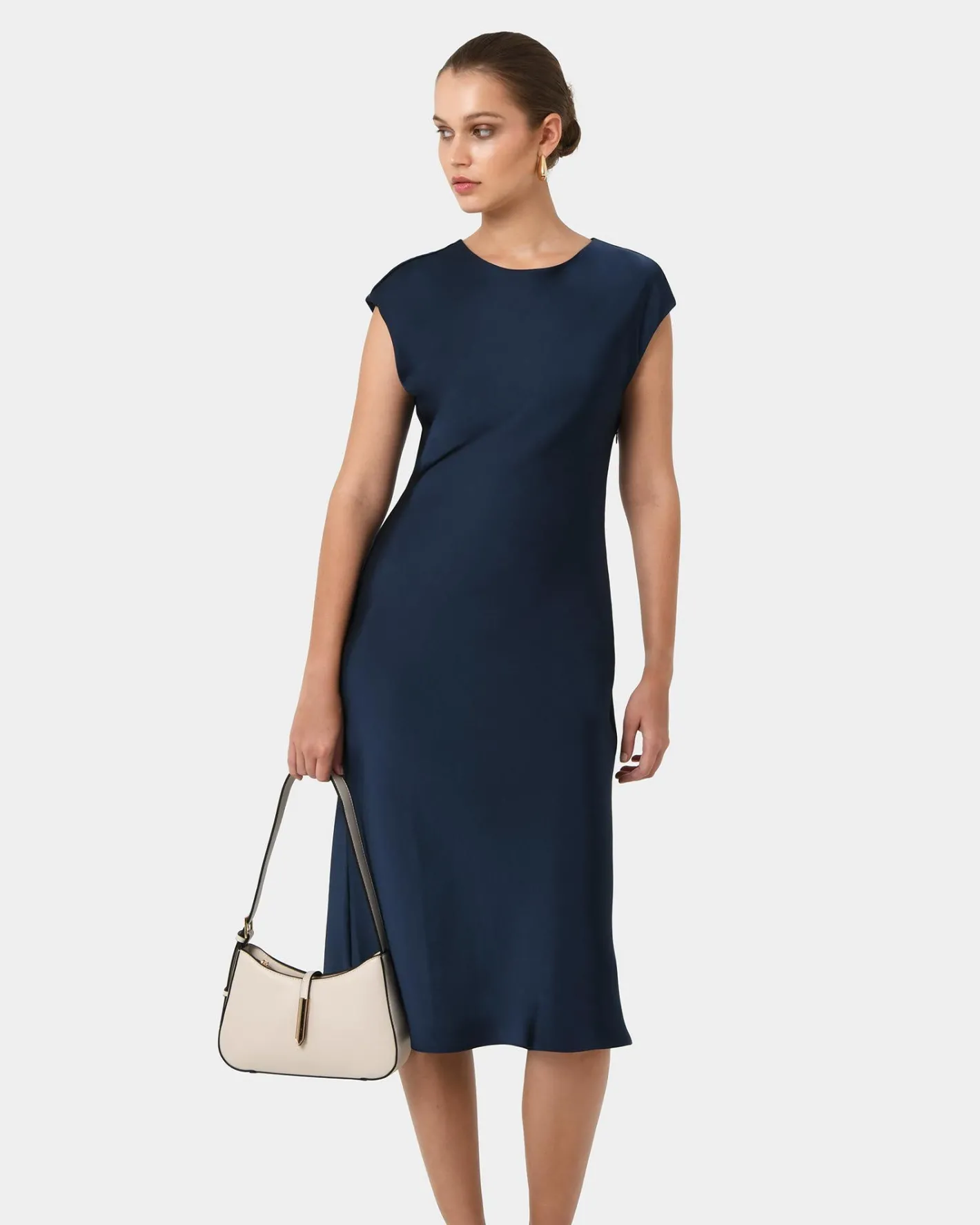 Forcast Dulce Satin Midi Dress Navy Outlet
