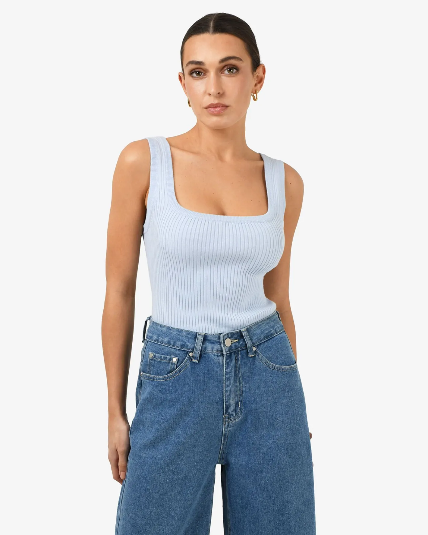 Forcast Ella Square Neck Rib Knit Sky Blue Outlet