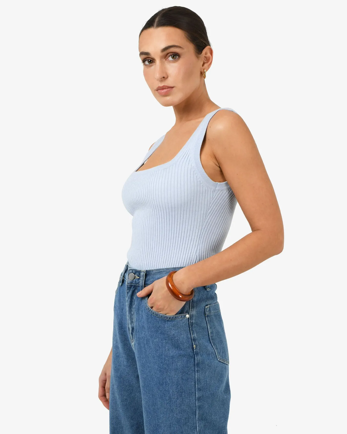 Forcast Ella Square Neck Rib Knit Sky Blue Outlet