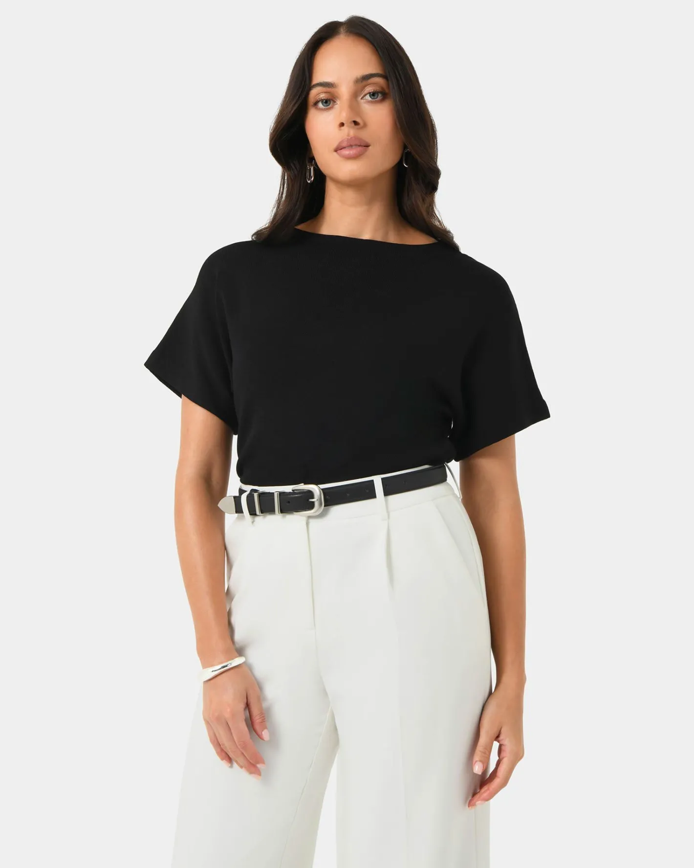 Forcast Finnley Leather Belt Black Brushed Silver Hot