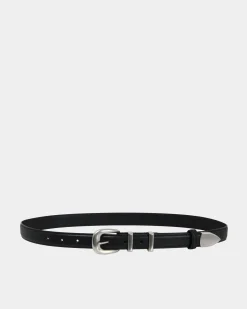 Forcast Finnley Leather Belt Black Brushed Silver Hot