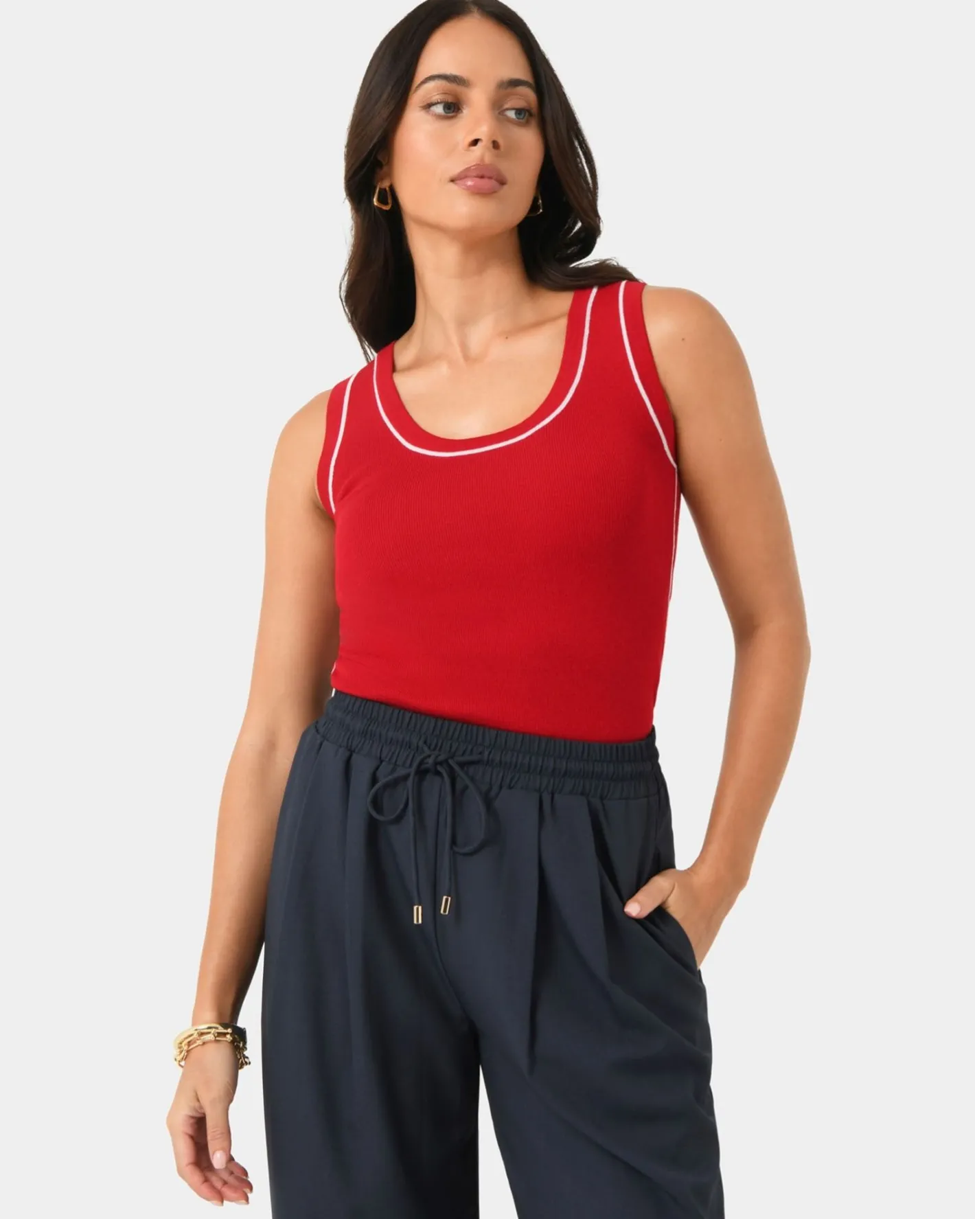 Forcast Gloria Contrast Knit Top Ivory & Red Outlet