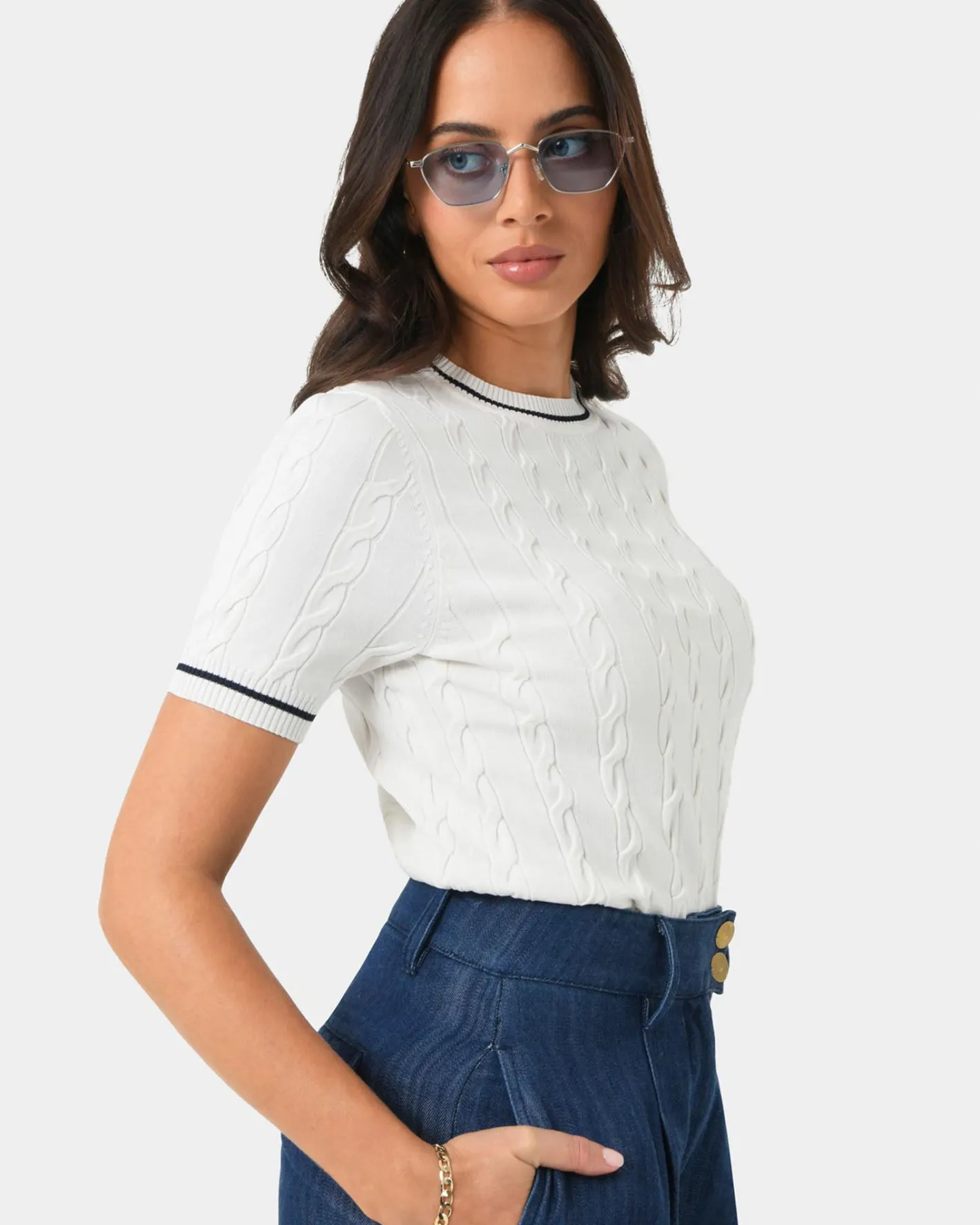 Forcast Harvey Cable Knit Top Navy Ivory Best
