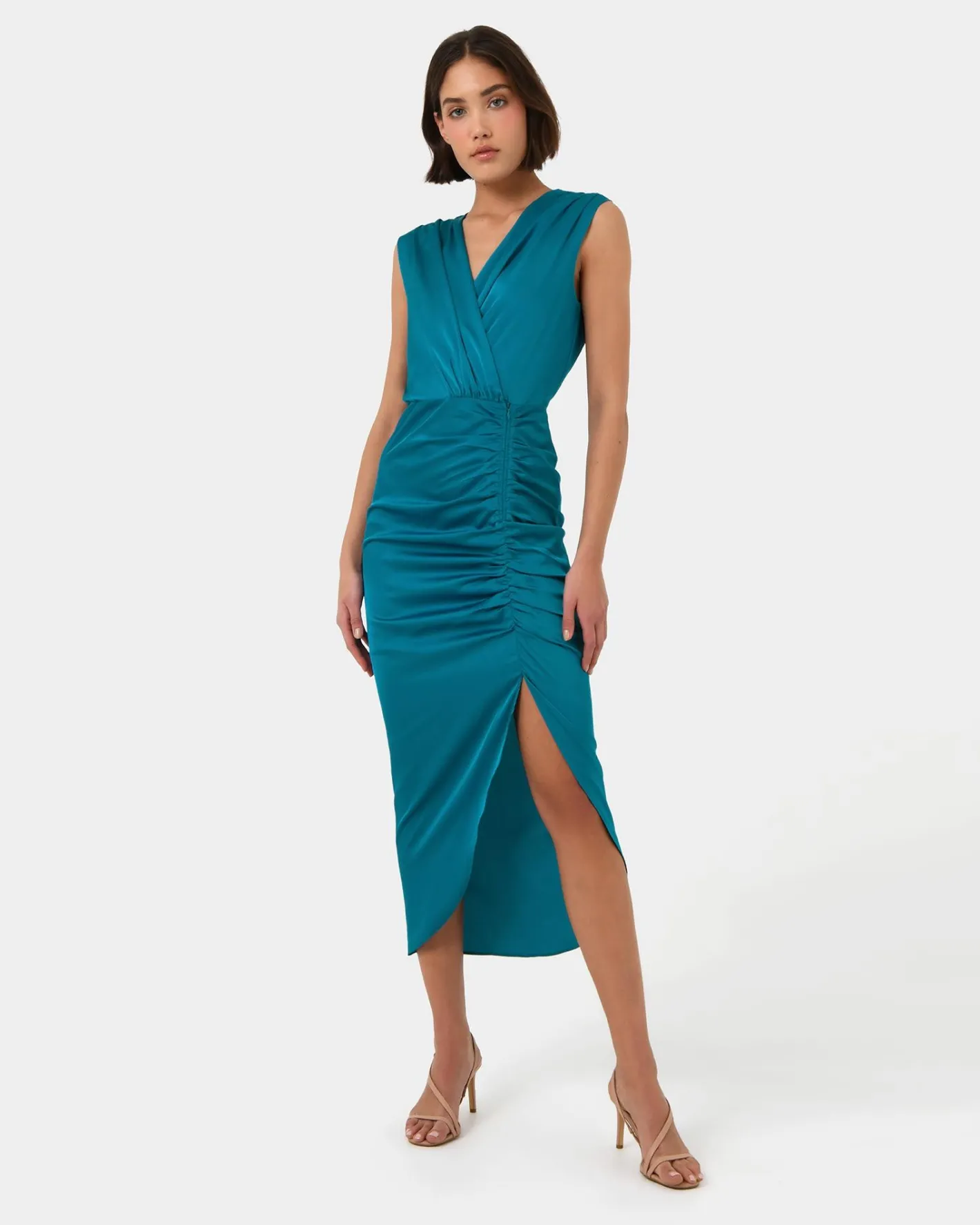 Forcast Hayden Side Ruched Dress Teal Clearance