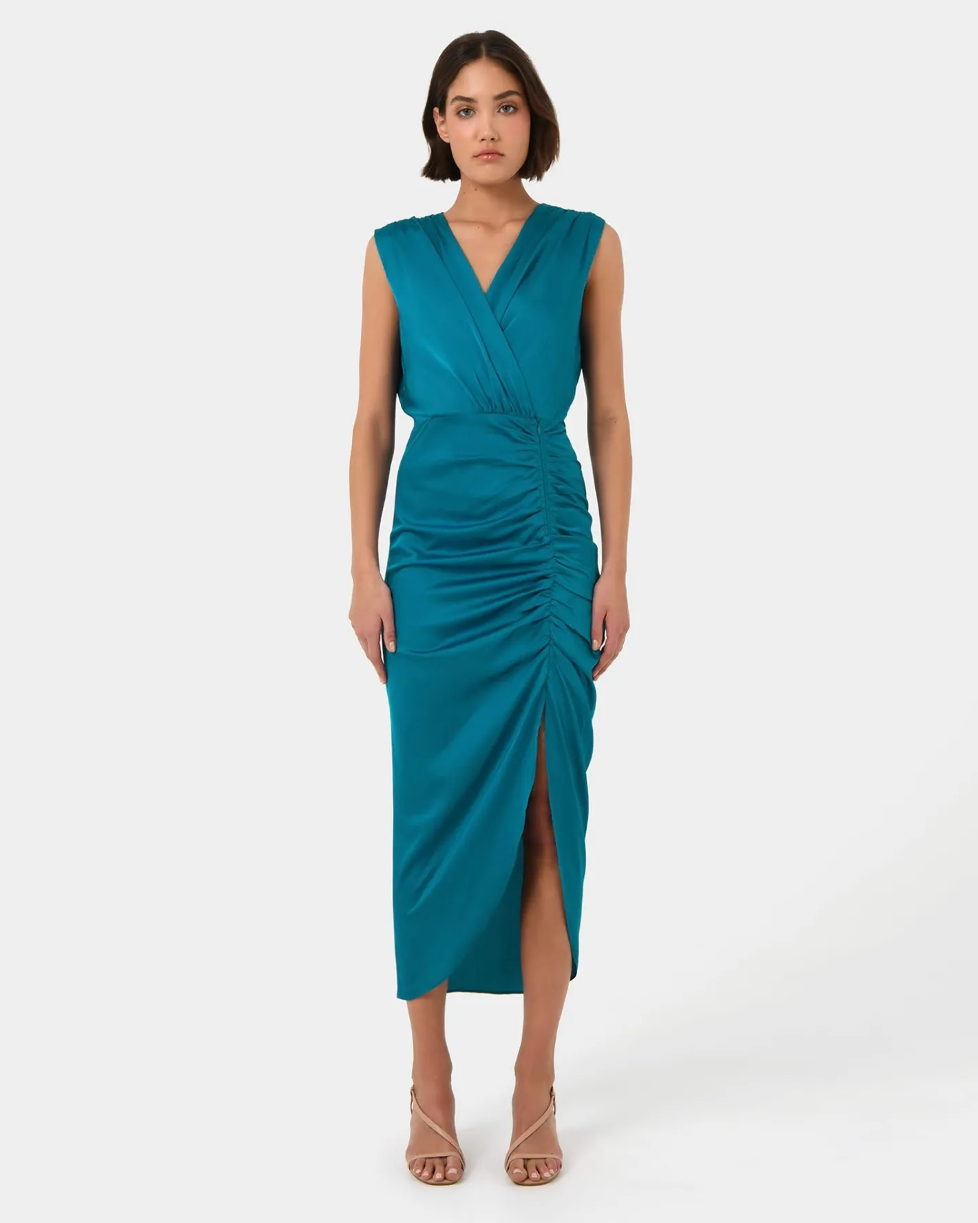 Forcast Hayden Side Ruched Dress Teal Clearance