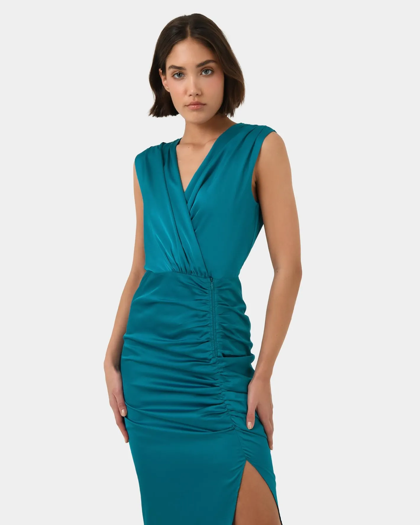 Forcast Hayden Side Ruched Dress Teal Clearance