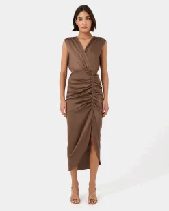 Forcast Hayden Side Ruched Dress Dark Camel Best
