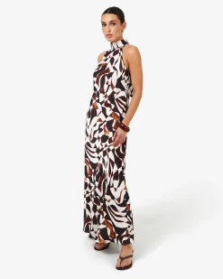 Forcast Hazel Printed Halter Dress Brown Retro Discount