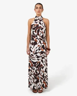 Forcast Hazel Printed Halter Dress Brown Retro Discount