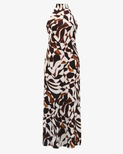 Forcast Hazel Printed Halter Dress Brown Retro Discount
