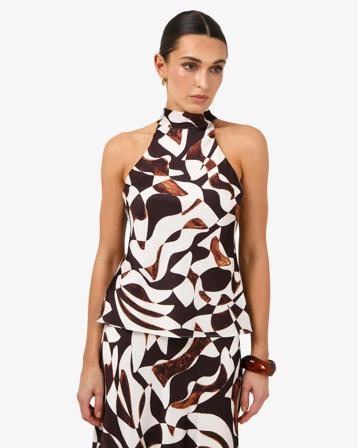Forcast Hazel Printed Halter Neck Top Brown Retro Best