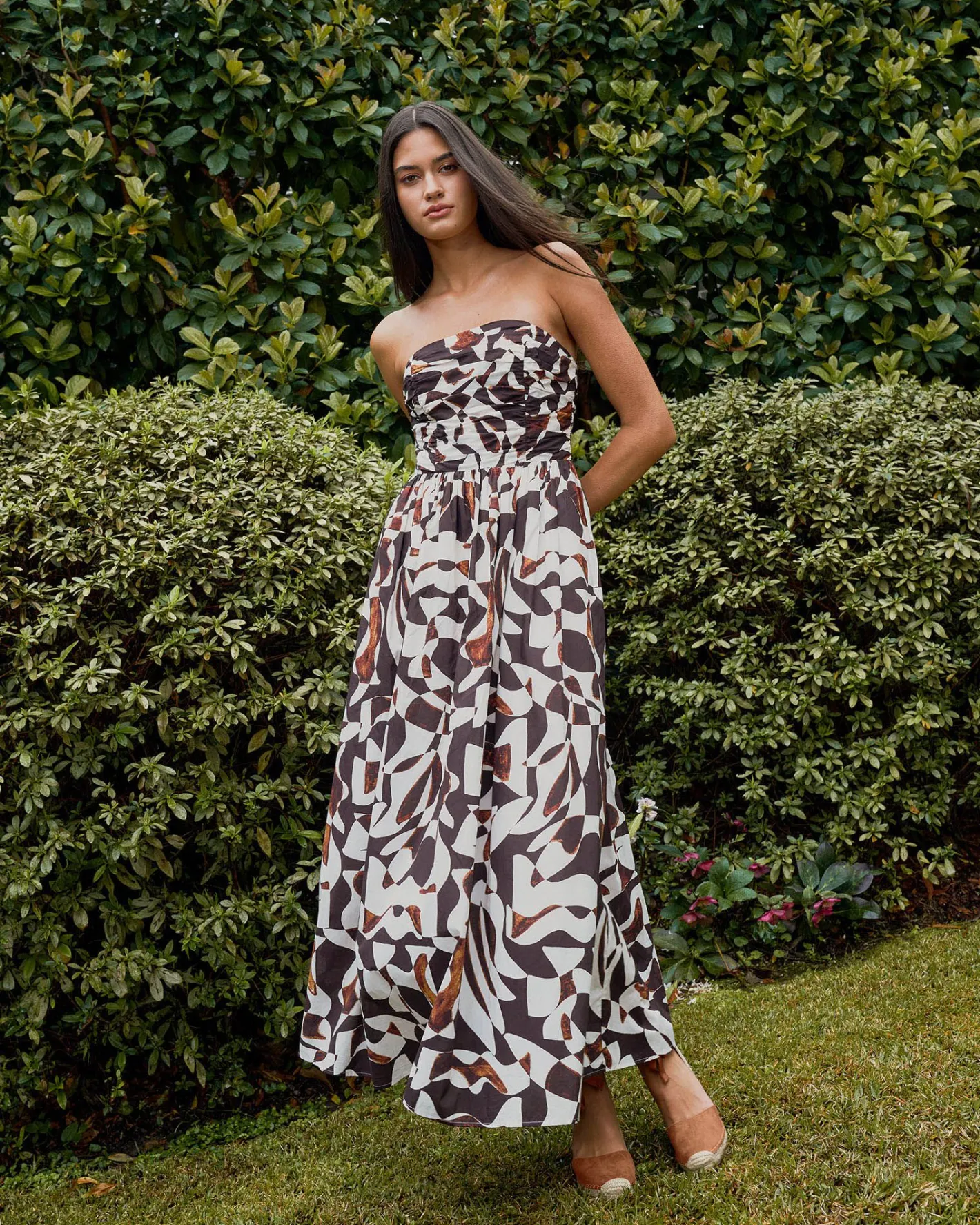 Forcast Hazel Printed Strapless Dress Brown Retro Best