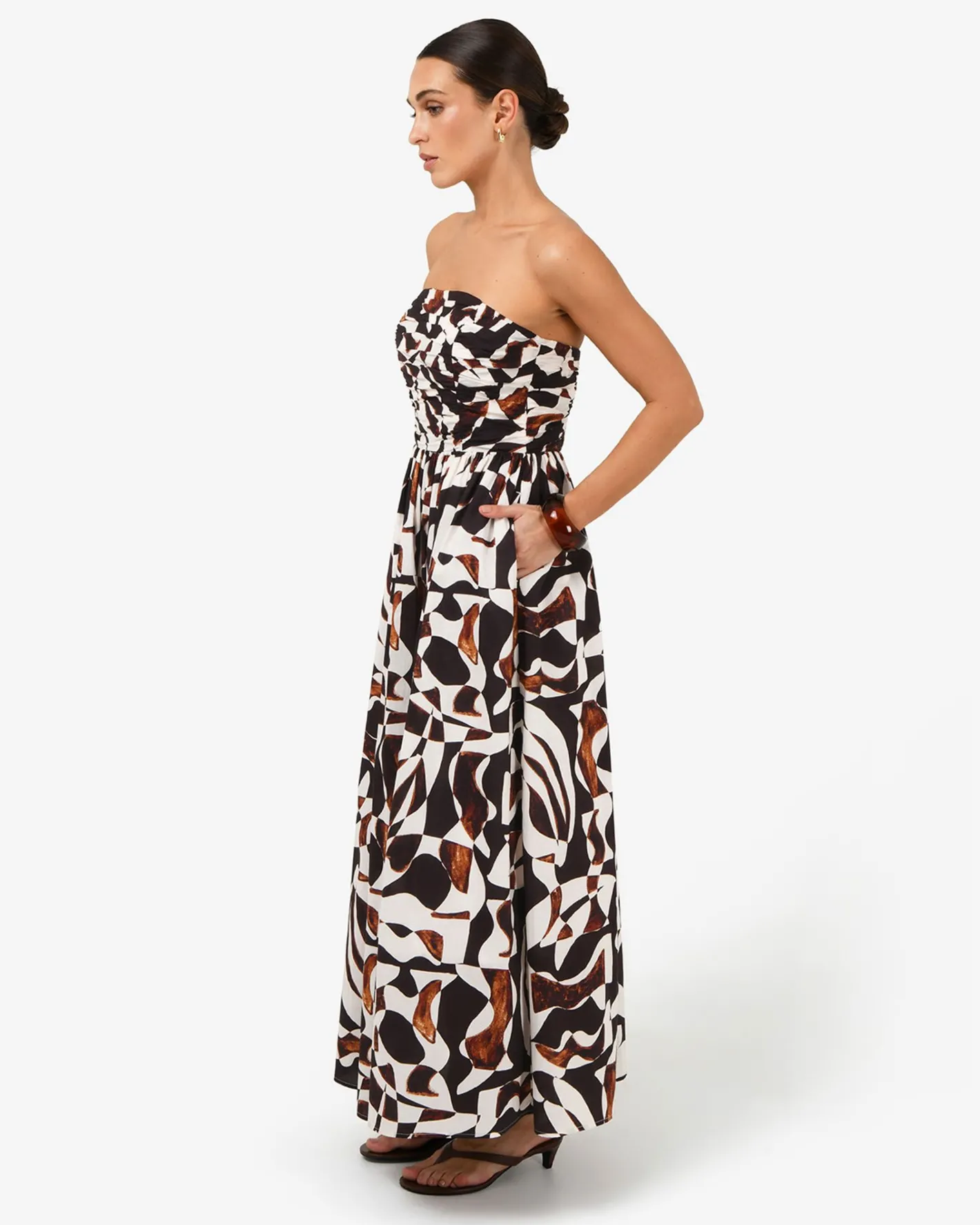Forcast Hazel Printed Strapless Dress Brown Retro Best