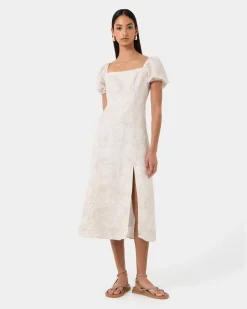 Forcast Hazy Linen Puff Sleeve Dress Summer Beige Discount