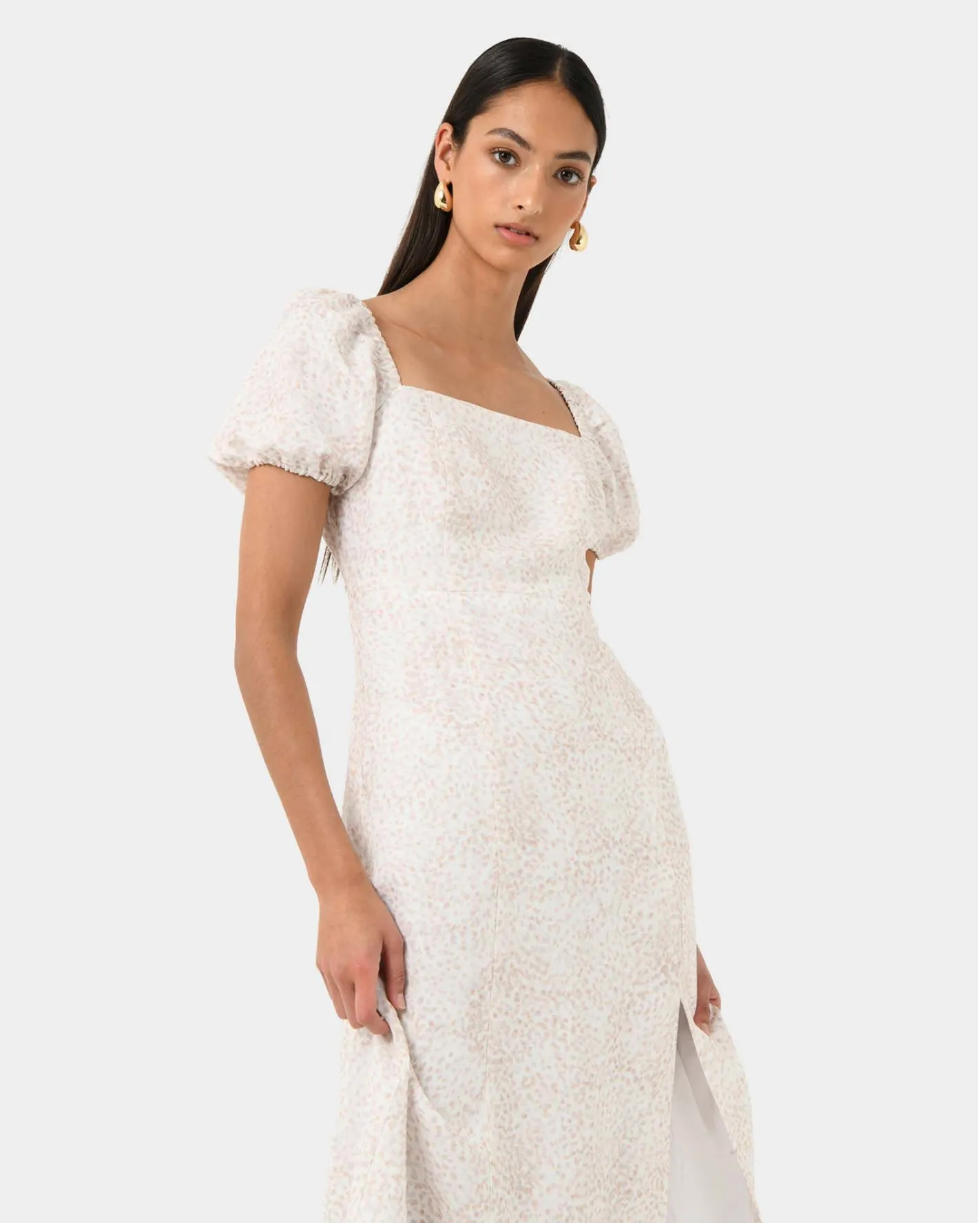 Forcast Hazy Linen Puff Sleeve Dress Summer Beige Discount
