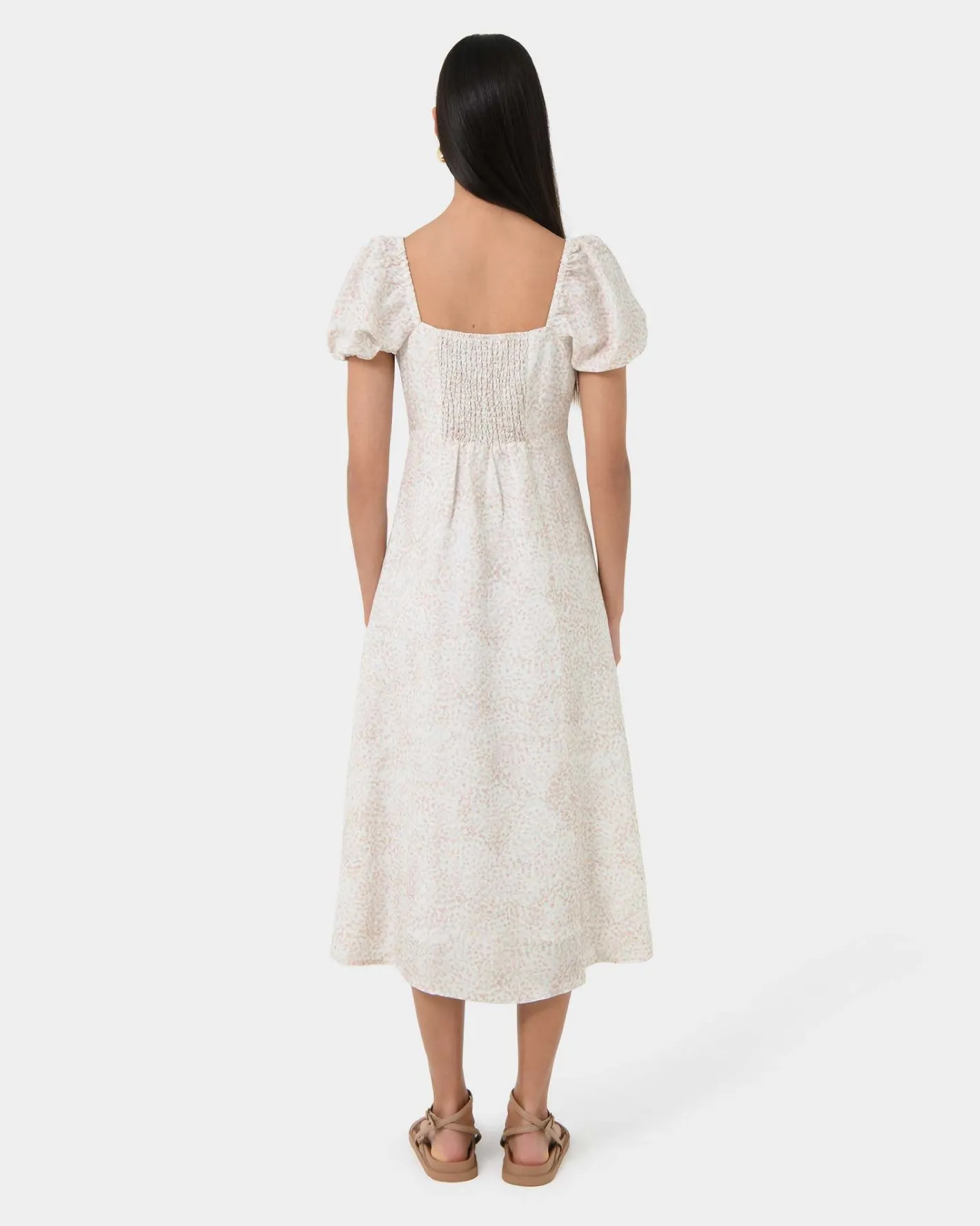 Forcast Hazy Linen Puff Sleeve Dress Summer Beige Discount