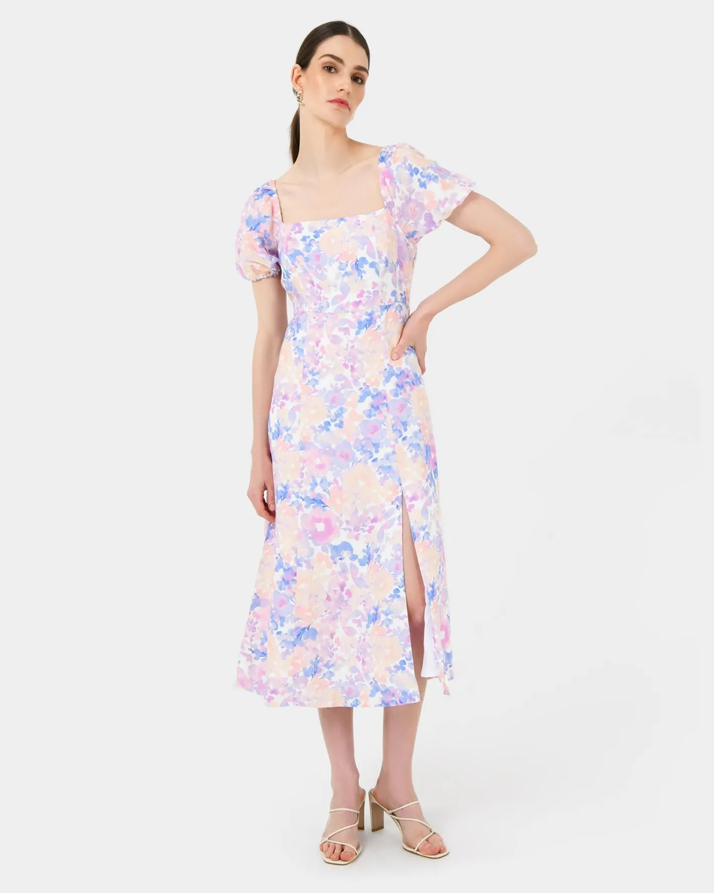 Forcast Hazy Linen Puff Sleeve Dress Hazy Sunset Sale