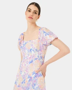 Forcast Hazy Linen Puff Sleeve Dress Hazy Sunset Sale