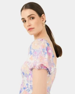 Forcast Hazy Linen Puff Sleeve Dress Hazy Sunset Sale