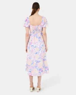 Forcast Hazy Linen Puff Sleeve Dress Hazy Sunset Sale