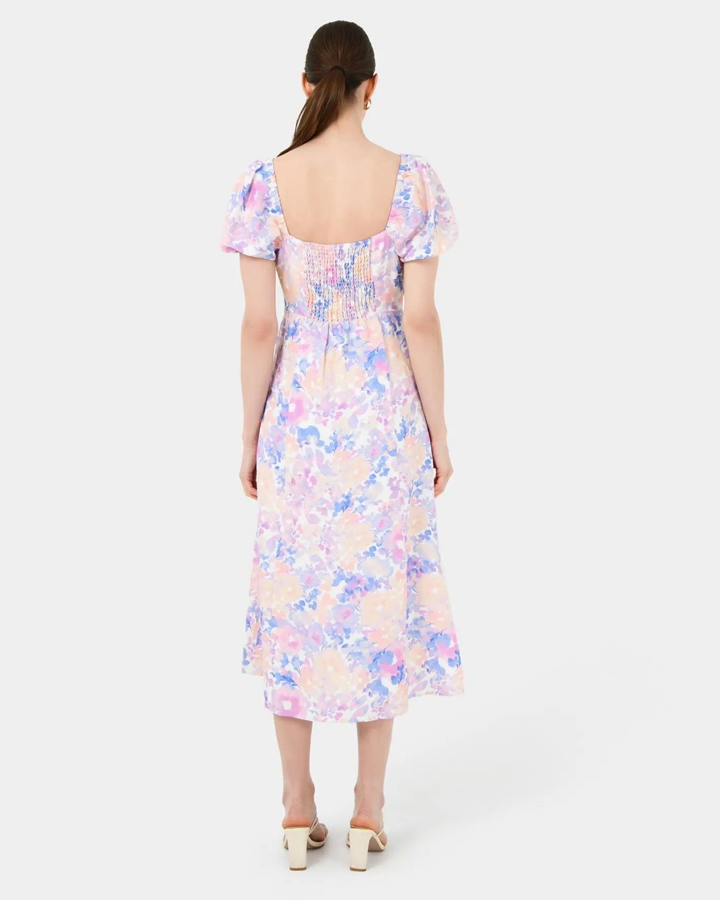 Forcast Hazy Linen Puff Sleeve Dress Hazy Sunset Sale