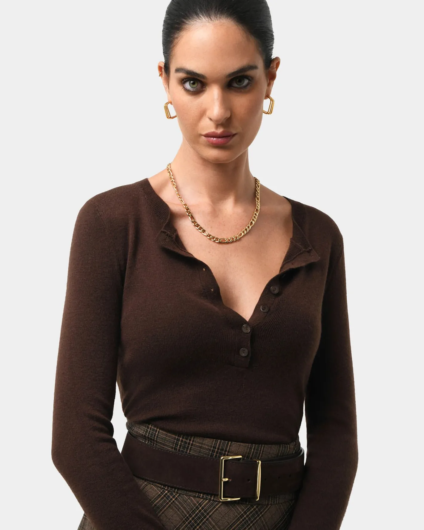 Forcast Henley Button Up Knit Chocolate Sale
