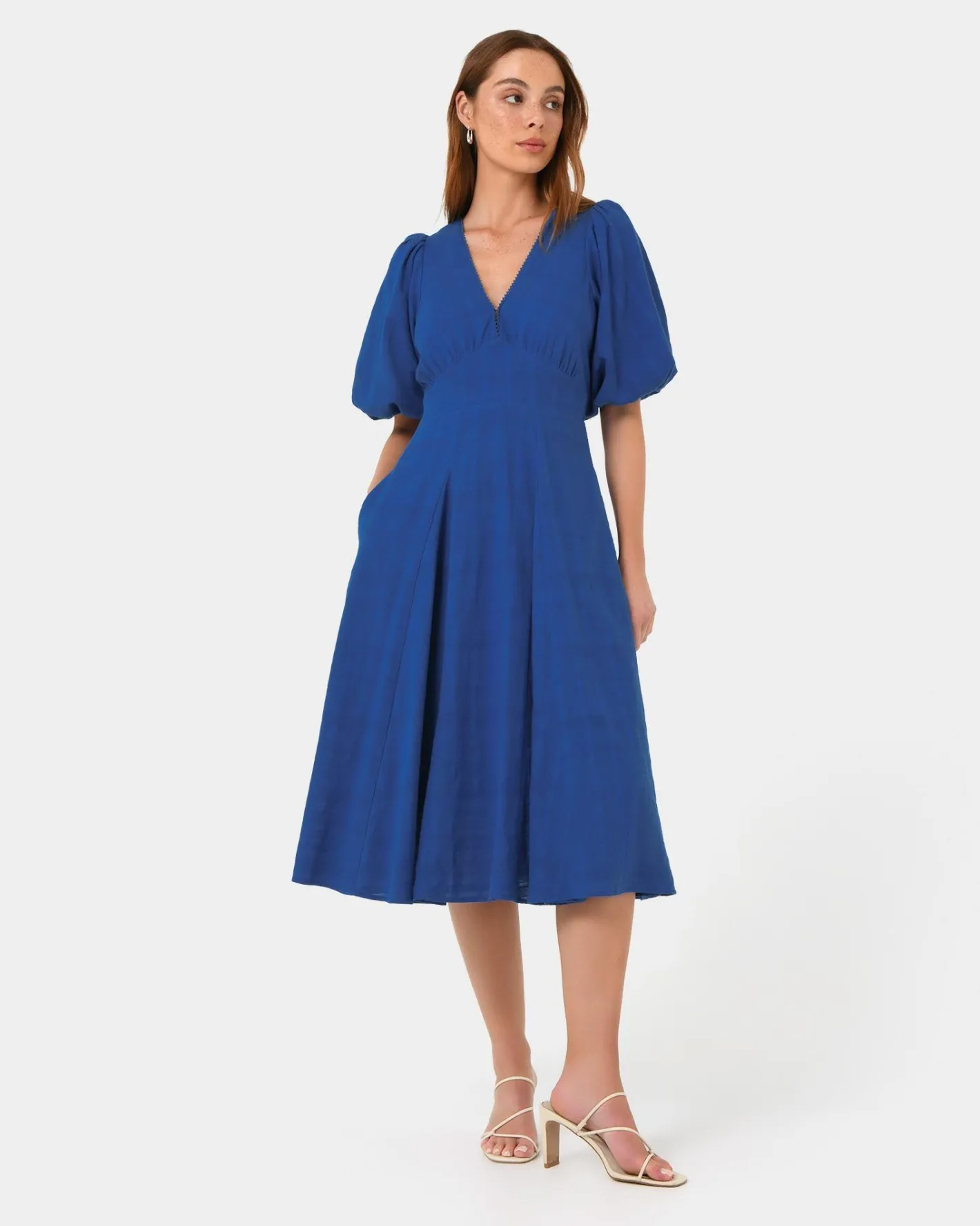 Forcast Iris Puff Sleeve Midi Dress Cobalt New