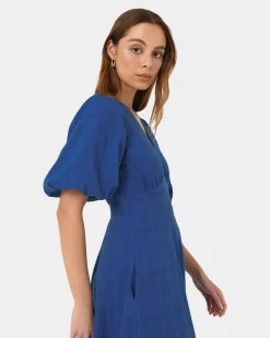 Forcast Iris Puff Sleeve Midi Dress Cobalt New